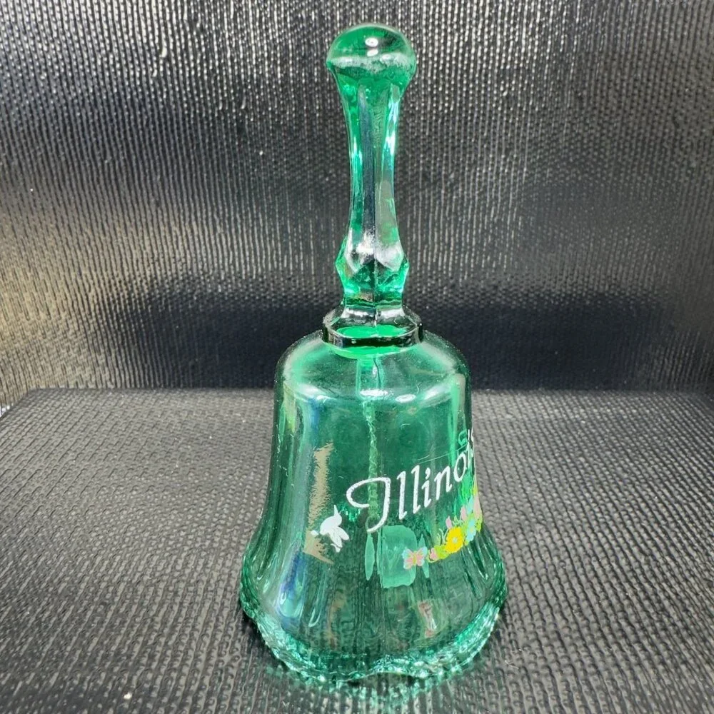 Vintage Illinois State Green Glass Bell Applied Flowers Glassware Figurine Decor